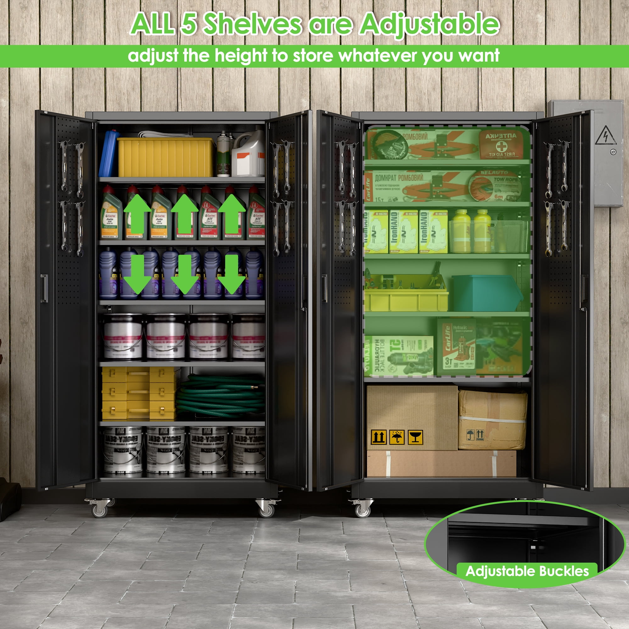 Aobabo Metal Storage Cabinet with Lock,Garage Storage Cabinet with Wheels,72In Steel Storage Cabinet for Garage Home Storage, Black Required-Assembly