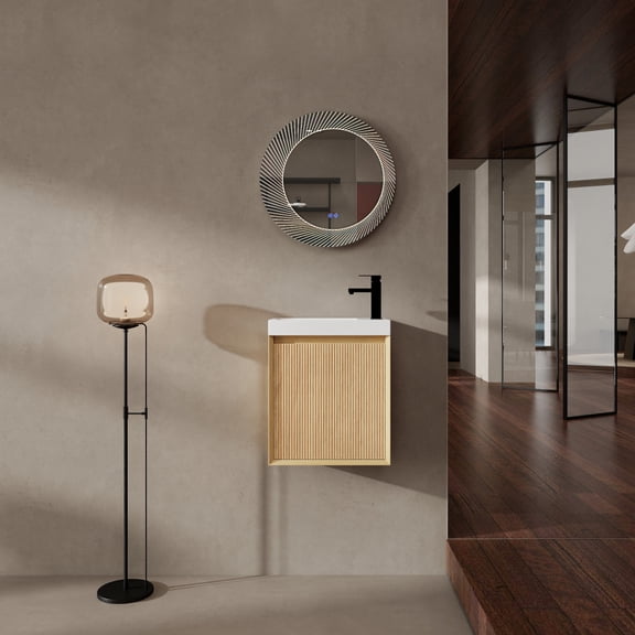 18.5" Wall-Mounted Bathroom Vanity with Resin Sink, Soft Close Single Door, Space Saving Bathroom Cabinet Set, MDF, Natural Wood Finish