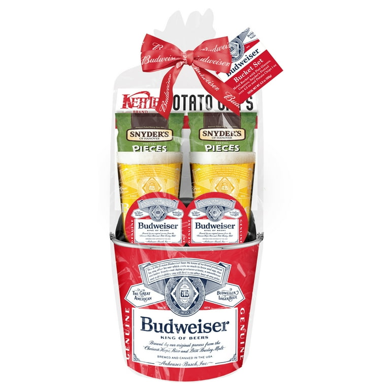 Budweiser bucket gift set with two pint glasses coasters and