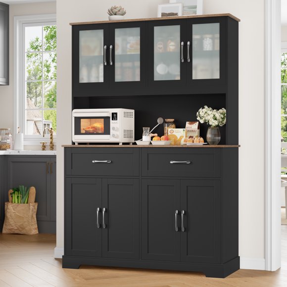 Homfa 71'' Tall 2 Drawer Kitchen Pantry Buffet Hutch, 4 Door Freestanding Cupboard Storage Cabinet, Black