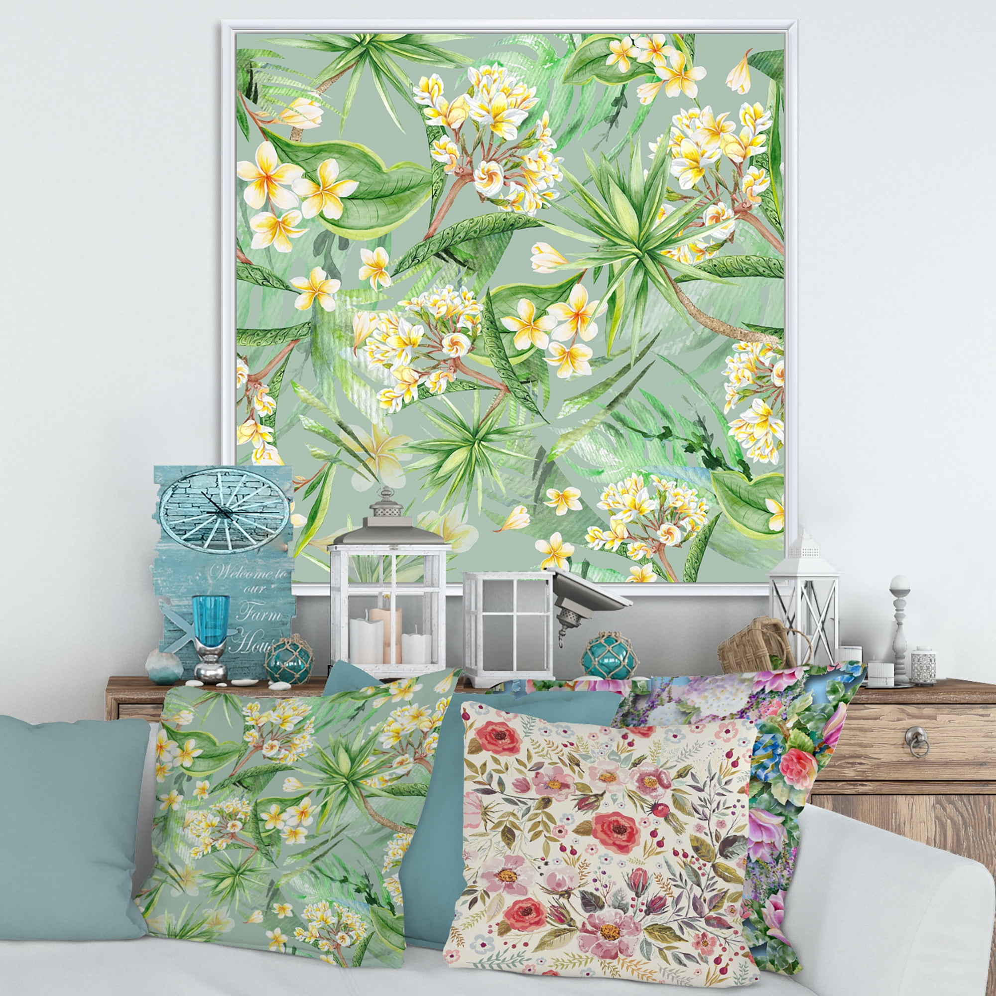Designart 'Yellow Flowers and Tropical Foliage XIV' Modern Framed Canvas Wall Art Print