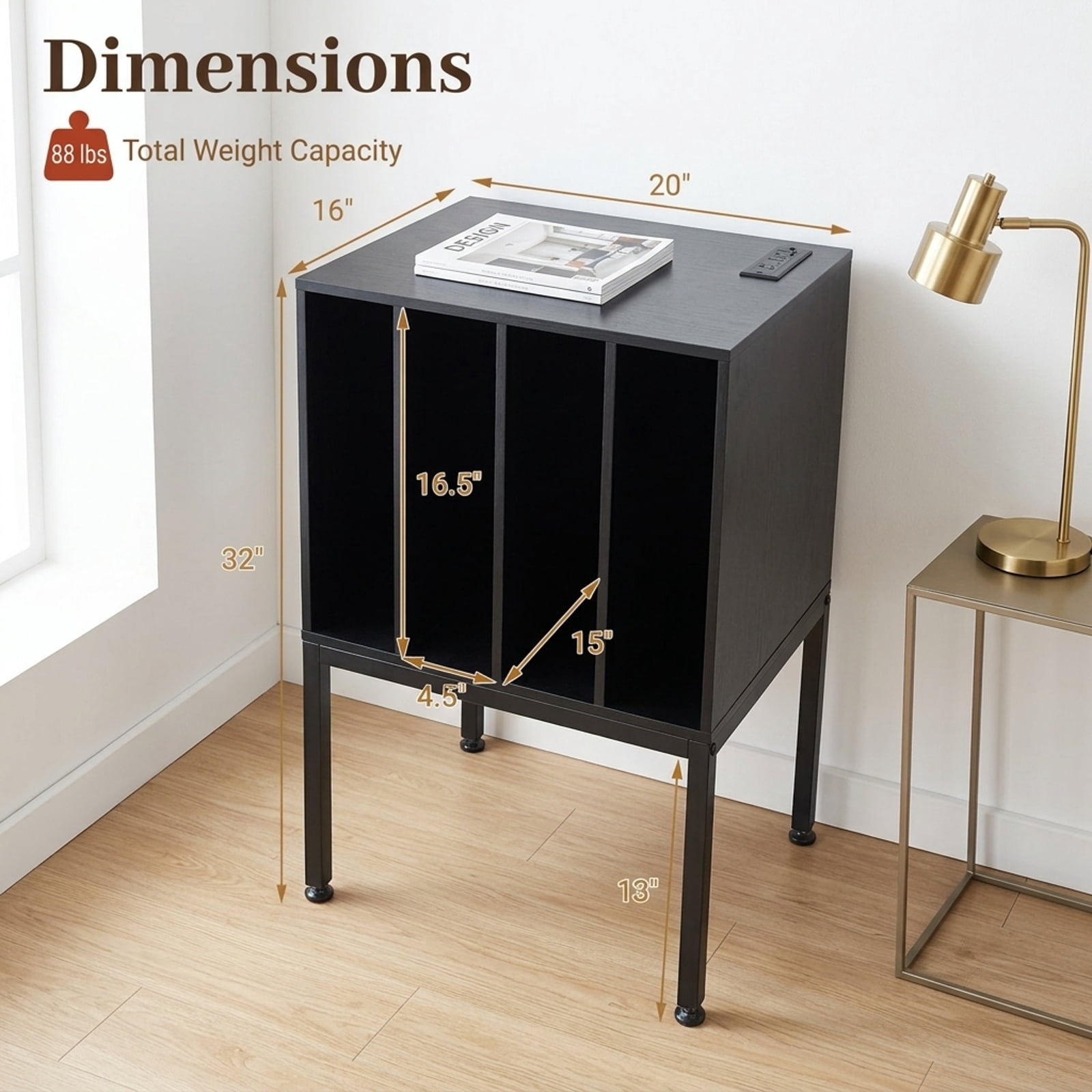 Furnibear Turntable Record Player Stand with Power Outlets USB and Vinyl Storage for Living Room Bedroom and Music Room, Black
