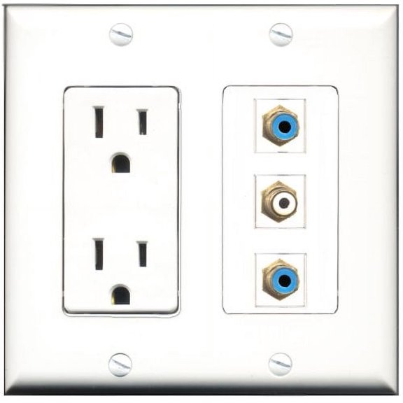 RiteAV - 15 Amp Power Outlet 1 Port RCA White 2 Port RCA Blue Decorative Wall Plate