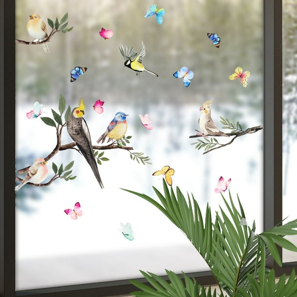 9 Pegatinas De Ventana Primaverales De PVC – Flores, Mariposas Y Pájaros, Adhesión Estática Reutilizable Para Cristales (30x20 Cm)