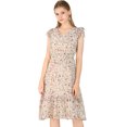 thumbnail image 1 of Vestido de volantes fruncidos con cuello en V y mangas con volantes florales para mujer Beige S, 1 of 6