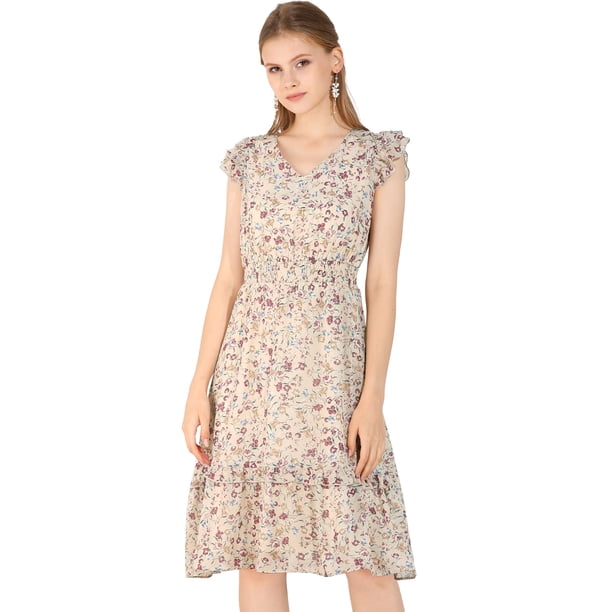 Vestido de volantes fruncidos con cuello en V y mangas con volantes florales para mujer Beige S