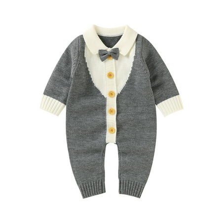 

Binpure Unisex Infant Autumn Long Sleeve Lapel Knitted Gentleman Romper