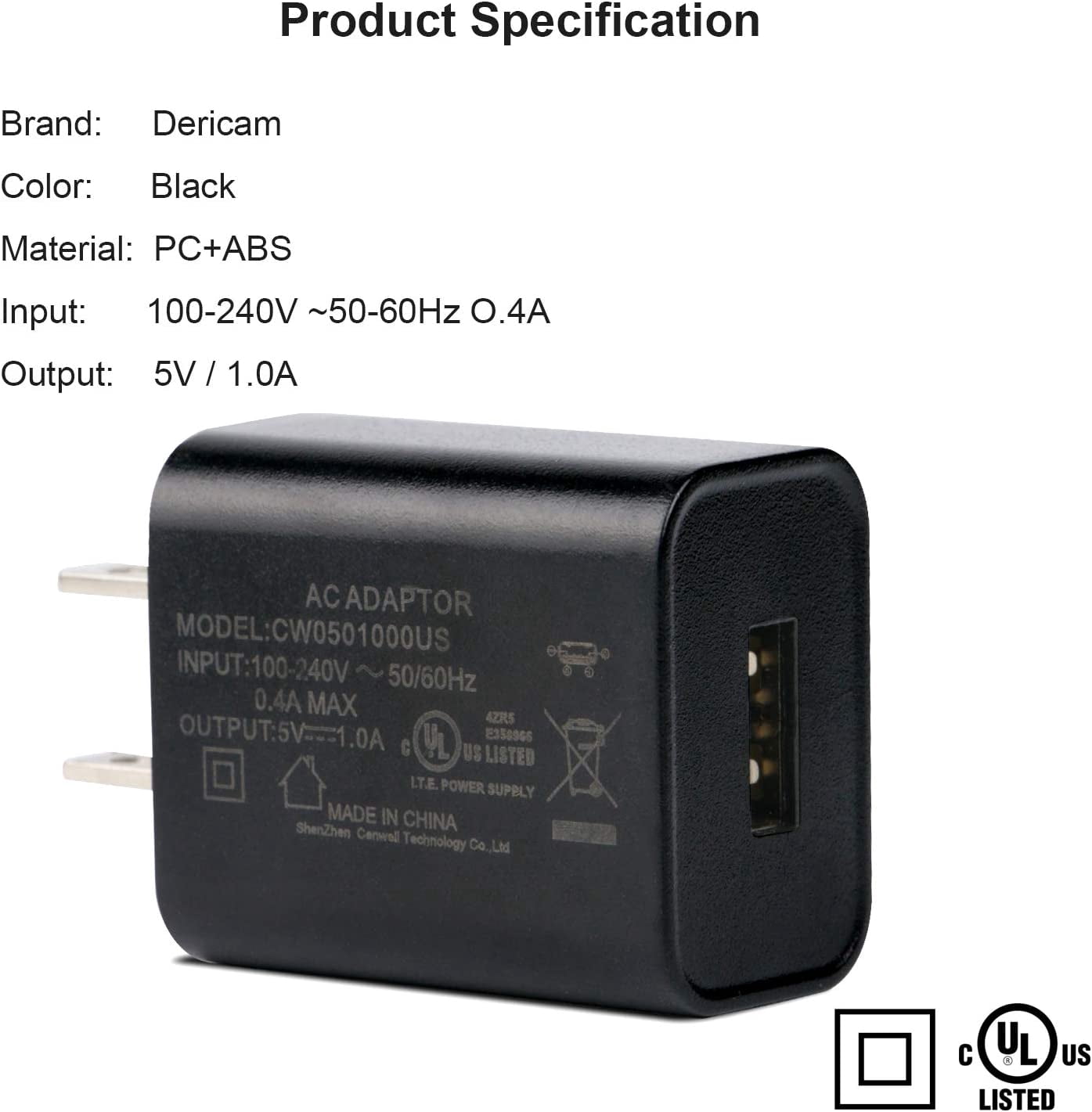 RGHJAR-5V 1A Micro USB Wall Charger, Android Charger Cable, 5 Volt 1000mA AC to DC Power Adapter for Charging of Android Smartphone/Kindle Fire, Security Camera, 5ft/1.5M Power Cord, US Plug(Black)