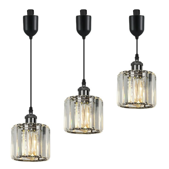 Kiven H-Type Track Lighting Pendants, 3-Light h Track Pendant Lights with Crystal Lampshade, H Track Light Pedant for Kitchen Island Home Cafe, Adjustable Height,Black Finish Socket