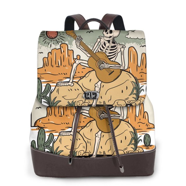 Easygdp Skeleton Cowboy And Guitar Mochila de Cuero para Mujeres, Bolso de Hombro, Bolsos de Mano de Moda para Trabajo y Viajes