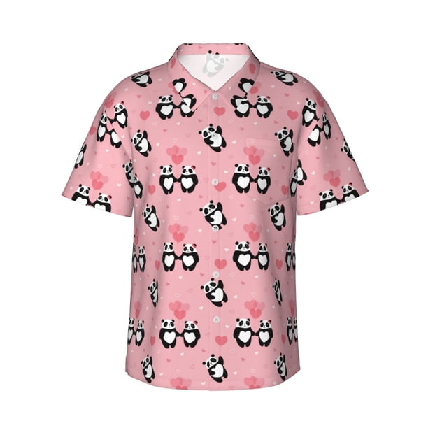 Balery Valentine'S Day Panda Camisas hawaianas de manga corta para hombre, camisas playeras de corte holgado, camisas de vacaciones con botones,XX-Large