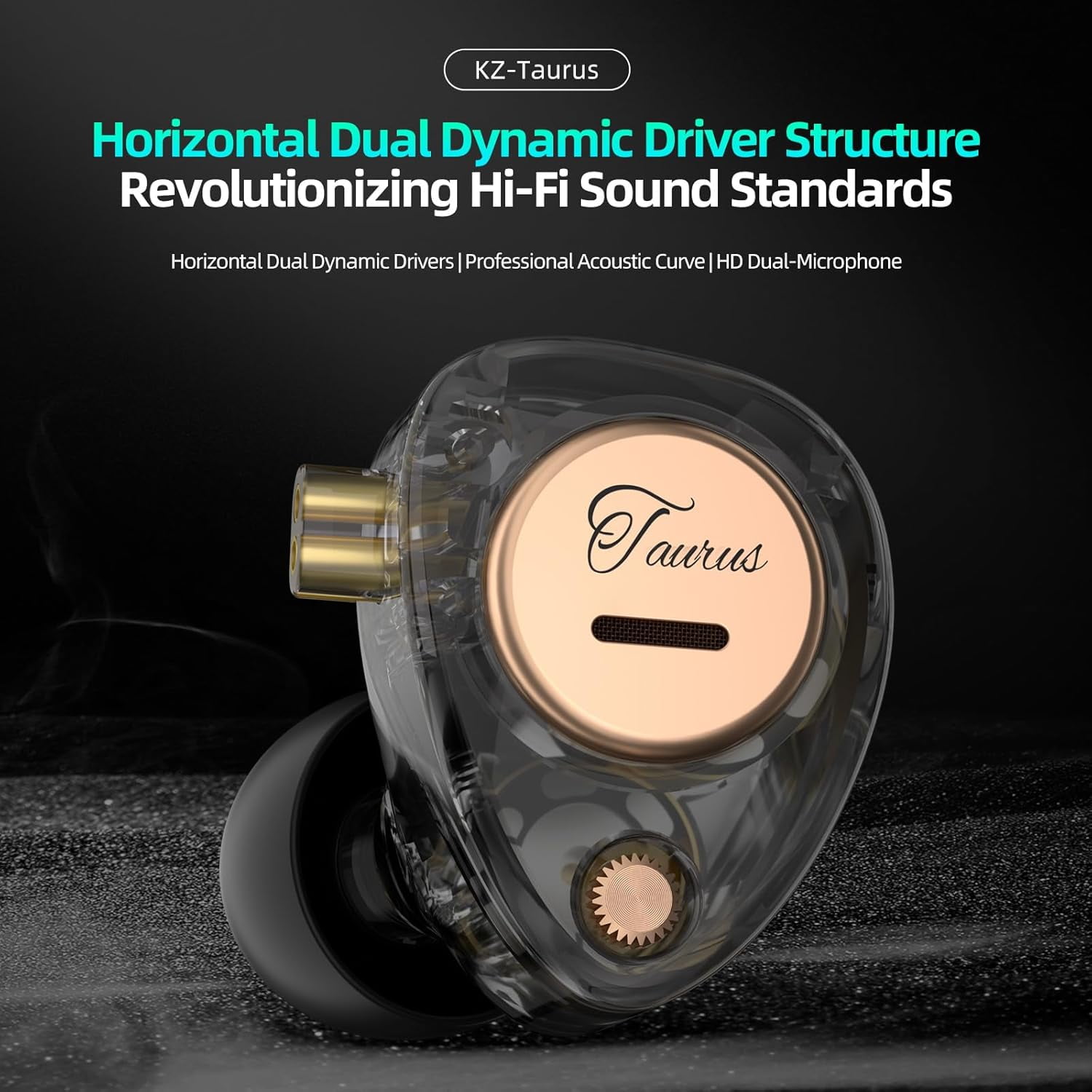 KZ Taurus in Ear Monitor IEM Earbuds, Dual 8mm Dynamic Drivers for Powerful Bass in Ear Headphones, Comfortable Fit iems for Gaming, 2-Pin Gold-Plated Wired Earbuds for Singers (Clear Black, no Mic)