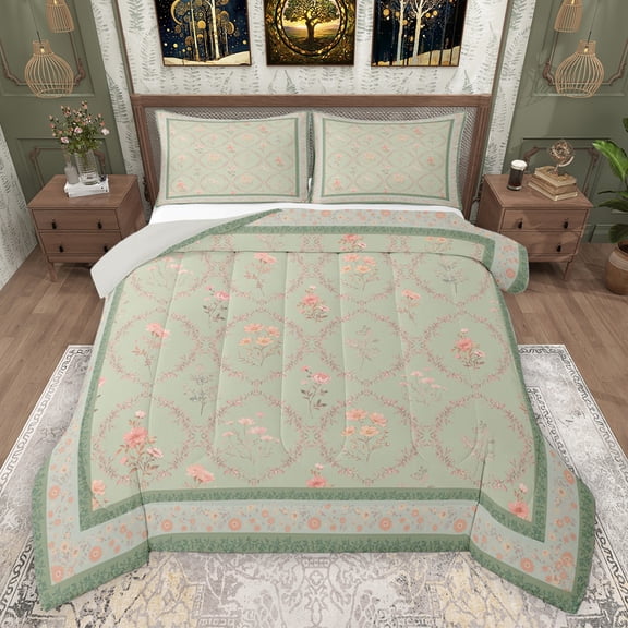 Homewish Vintage Flowers Bedding Comforter Set 2pcs for Teenagers,Abstract Geometric Plaid Twin Comforter Sets Microfiber,Chic Floral Blossoms Breathable Bedding Set,Ultra Soft Home Decor