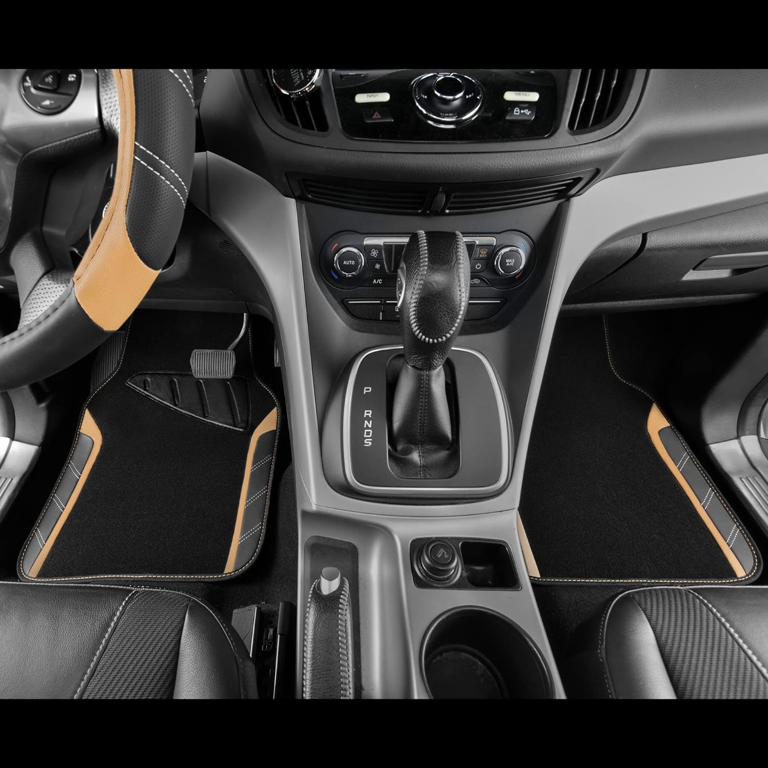 CAR GRAND Microfiber Steering Wheel Cover and Waterproof Car Floor Mats,Leather Universal Car Combo Fit for 95% Truck,SUV,Cars,14.5-15inch Sporty Anti-Slip Safety Comfortable Design(Black and Beige)