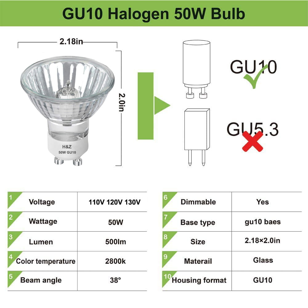 utålmodig marxistisk Omkreds H&Z GU10 Halogen 50W Bulbs, 6 pack GU10+C 120V 50W with 2800k Warm White,  Long Lifespan GU10 MR16 Dimmable for Track & Recessed Lighting - Walmart.com