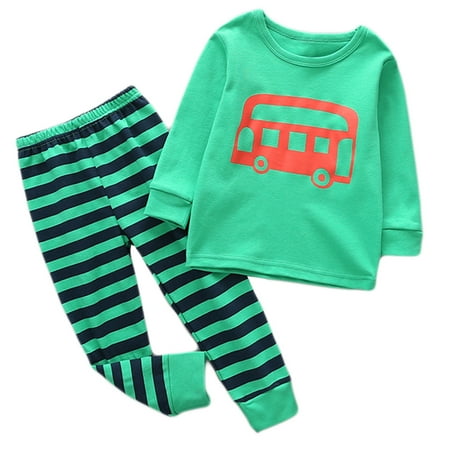 Car Outfit StylesILove Little Boy Cute Car Long Sleeve Cotton Top with Stripe Pants 2 pcs Outfit Set (90/2-3 Years, Green) ()