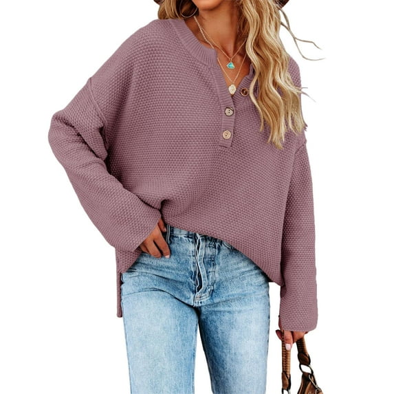 Sherrylily Fall Women Oversized Sweaters Batwing Long Sleeve Loose V Neck Henley Pullover Knit Jumper S-XL
