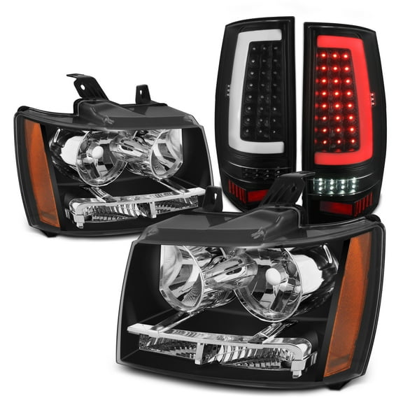 AKKON - Fits 2007-2014 Chevy Tahoe Suburban 1500 2500 Black Headlights   LED C-Tube DRL Blk Tail Lights Pair Combo