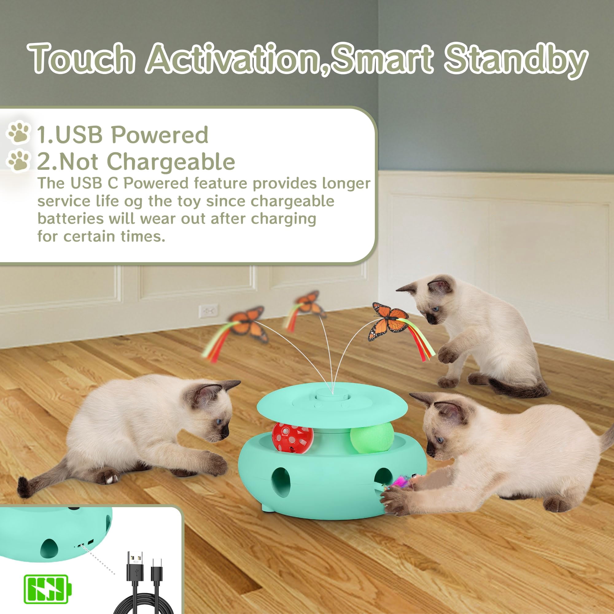 Cat Toys 3-in-1 Interactive For Indoor Cats Rechargeable Automatic With Fluttering Butterfly Smart Sensor 6 Holes Mice Whack-a-mole And Track Balls Blue