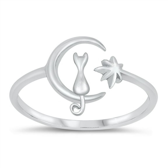 Rhodium Plated Sterling Silver Cat on Moon Ring Size 8