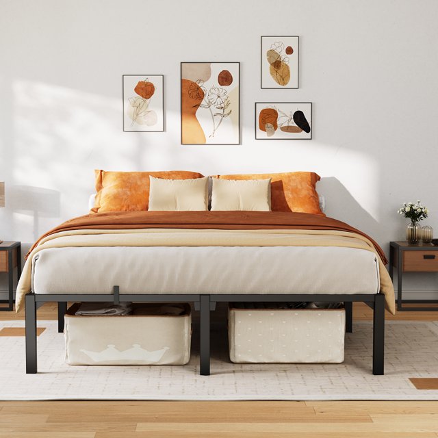 PIONEERWORKS Queen Bed Frame, Heavy Duty Metal Platform Bed Frame with 14" Under Bed Storage Space, No Box Spring Required, Tool-Free Bed Frame,No Screws Needed, Support Up to 800 LBS
