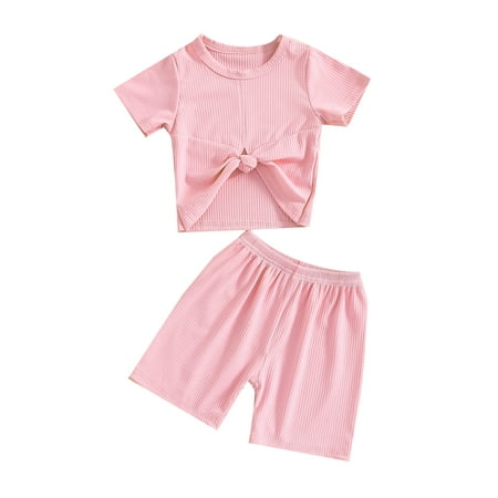 

Suanret Toddler Baby Girls 2Pcs Summer Clothes Sets Short Sleeve Knot Front Ribbed T-Shirts + Shorts Outfits Pink 3-4 Years