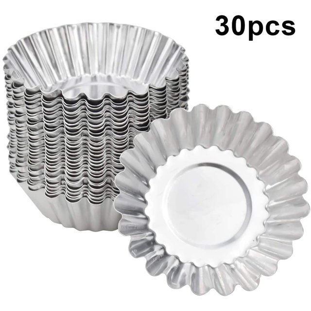 Moule à Tarte aux Œufs en Aluminium de 30 Pcs, Moule à Crêpes, Mini Moules à Muffins, Moule à Tarte aux Œufs Réutilisable, Moule à Gâteau Cupcake, Moules à Pudding, Ustensiles de Cuisson, Argenté