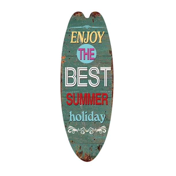 Letrero de madera para puerta «Summer Beach Surfing» - 45 x 16 x 0,5 cm, gancho trasero, decoración para el hogar, bares o puertas de entrada, regalo para amigos