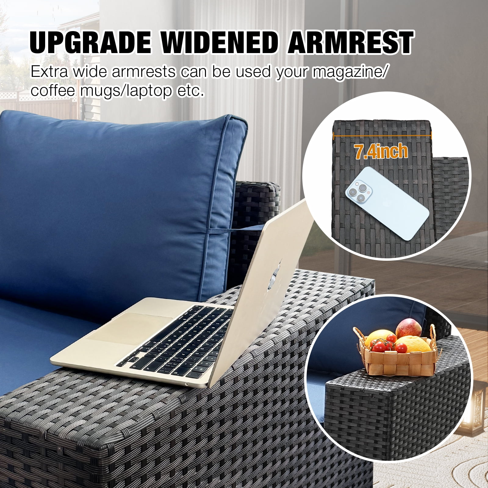 JOYURE 5 Pieces Patio Furniture set All-Weather Outdoor Wicker Sectional Conversation Sofa Rattan patio seating sofa with cushion and Glass Table and Ottoman for Porch Poolside,Navy