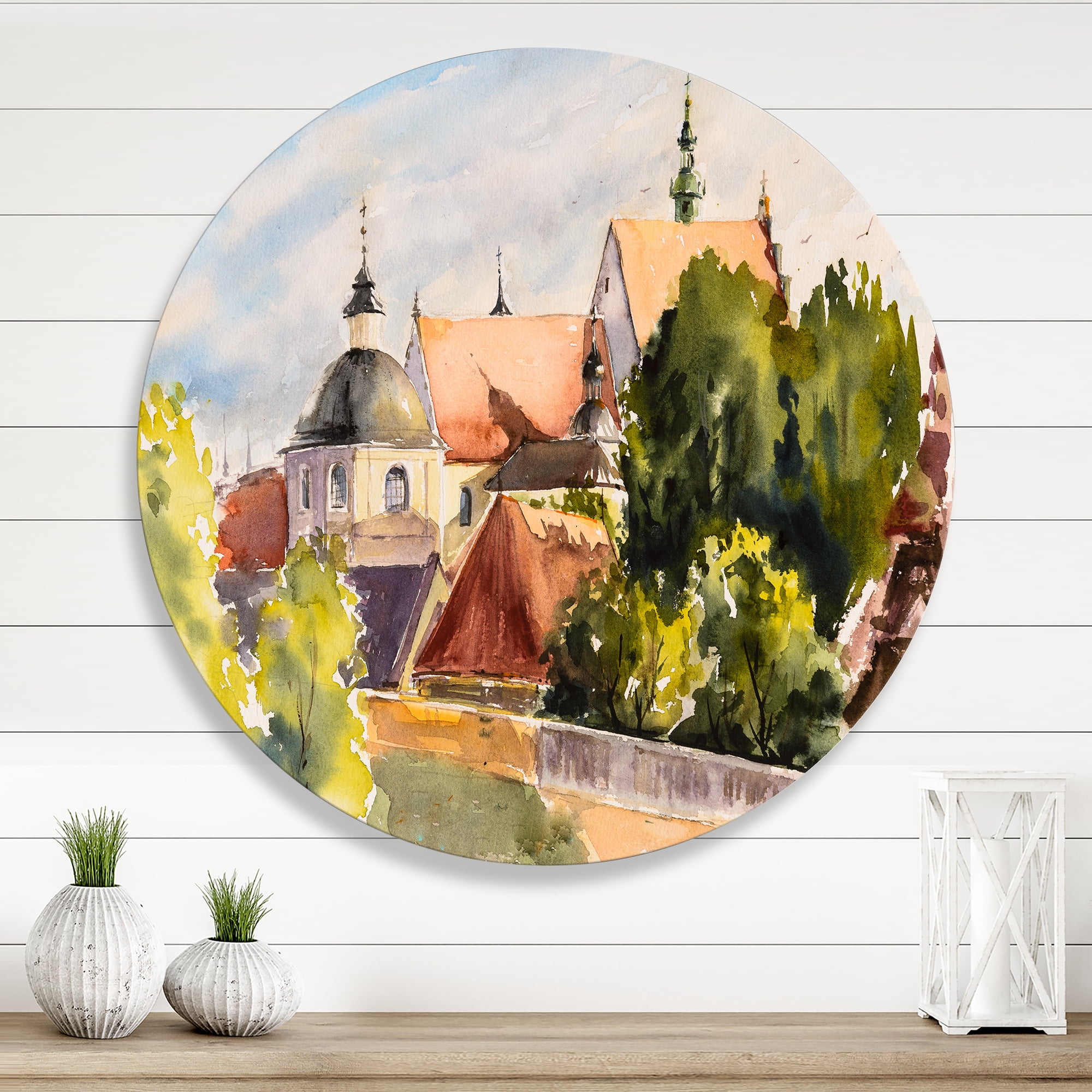 Designart 'View of Old Polish City Buildings In Nature' Traditional Circle Metal Wall Art 11x11 - Disc of 11