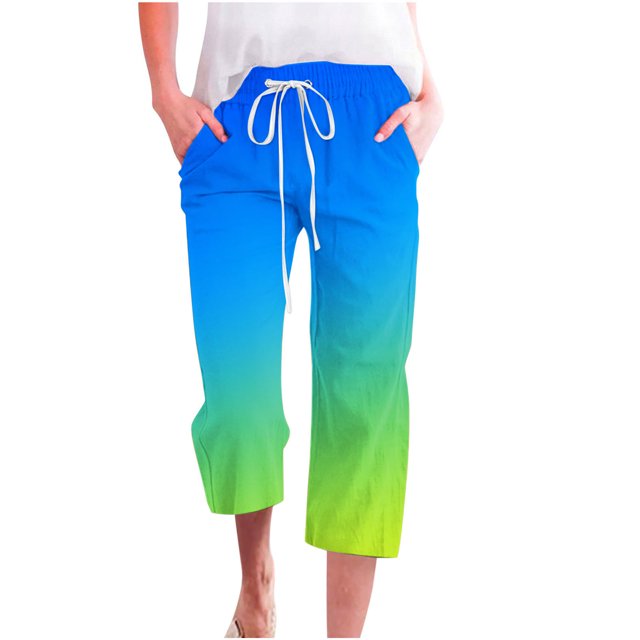 Plebaso Capri Pants for Women 2025 Drawstring Wide Leg Cropped Trousers Summer Gradient Color Casual Pants