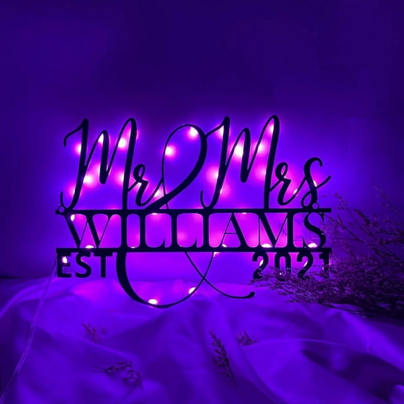 Handmadetneonsign Personalized Mr & Mrs Name Date Metal Wall Art LED Light, Couple Year Metal Sign