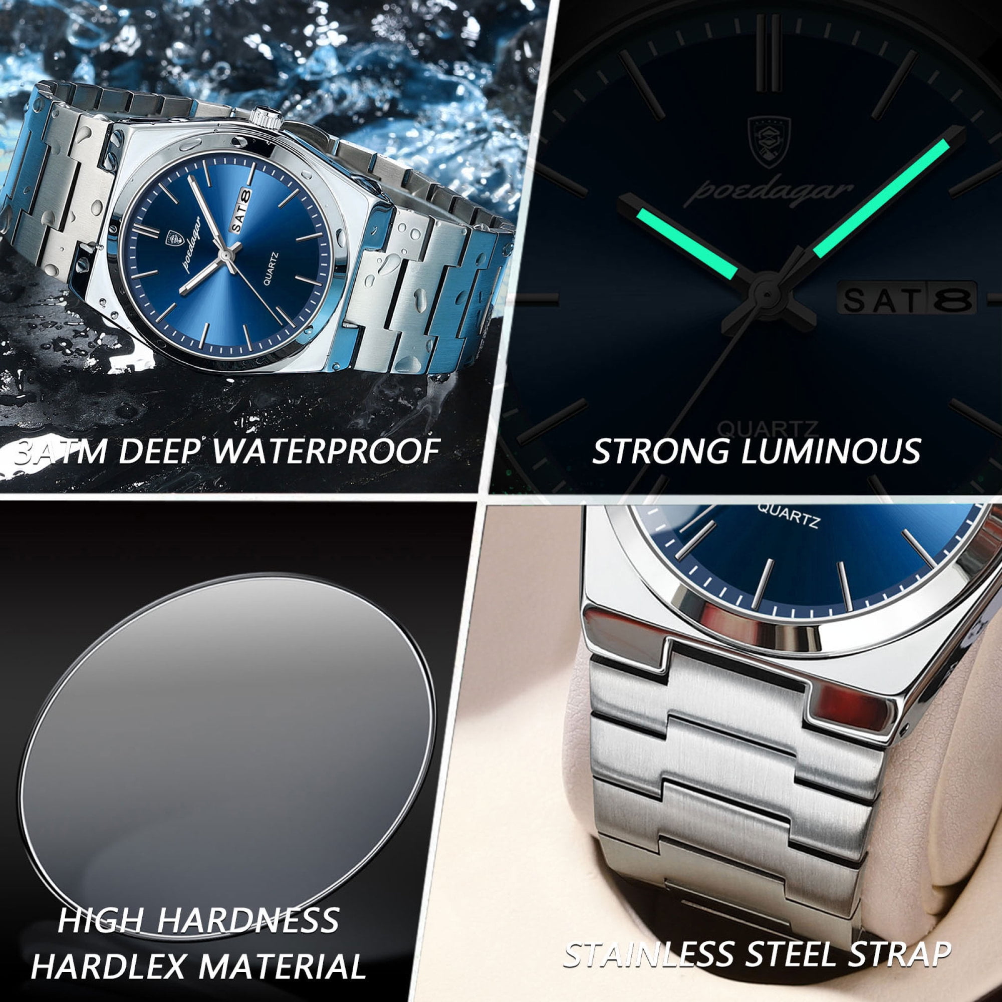 POEDAGAR Men Blue Quartz Stainless Steel Fashion Watch Analog Waterproof Luminous Date Wristwatch