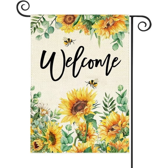 Jbralid Spring Summer Sunflower Garden Flag Double Sided 12x18 Inch Yellow Sunflower Floral Bee Welcome Small Yard Flag Burlap Seasonal Farmhouse Yard Outdoor Outside Decoration