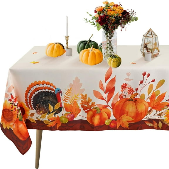 Thanksgiving Tablecloth Rectangle 60 x 84 Inches, Harvest Pumpkin Turkey Tablecloth Table Cover, Maple Leaves Autumn Fall Table Cloths for Parties Dinner Kitchen, Thanksgiving Decor