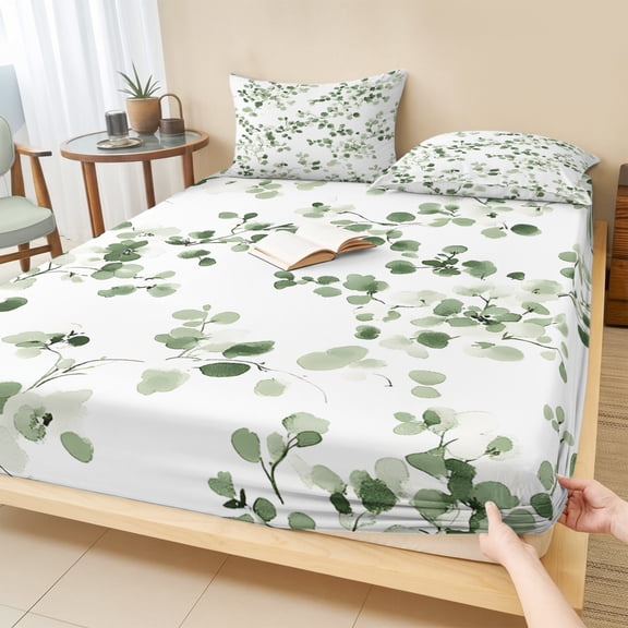 Cal.King Size Fitted Sheet Set - Sage Green Botanical 3 Piece Bedding Sets 16" Deep Pocket Fitted Sheet with 2 Pillowcases, Eucalyptus Sprigs Watercolor Brushed Microfiber Hotel Luxury Bed Sheets