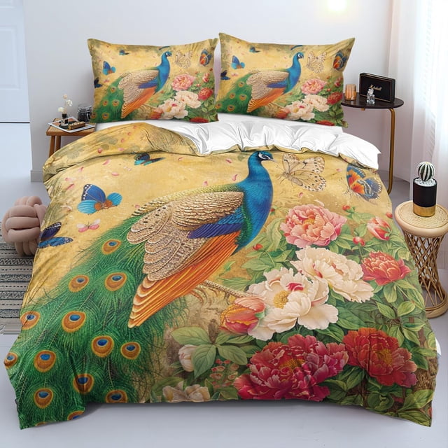 Funda nórdica Queen Size Peacock Feather Bedding Set Animal Red Floral Comforter