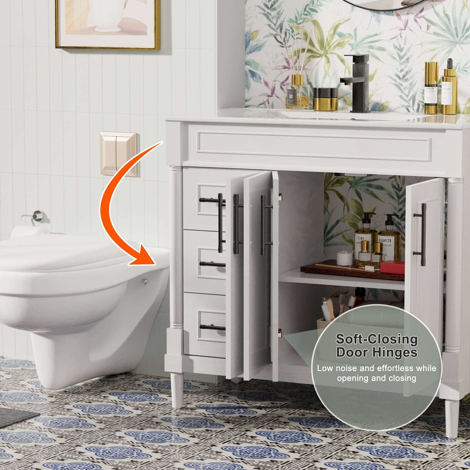 36" Freestanding White Bathroom Vanity with Ceramic Sink Top, Faucet, Classic Tapered legs