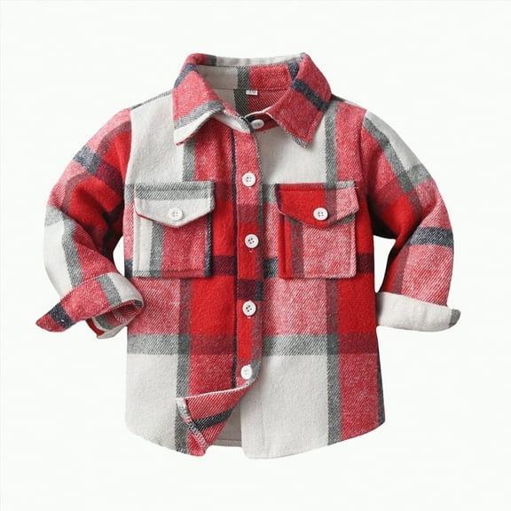 TOWED22 Boys Plaid Button Down Shirts Long Sleeve Roll Up Cotton Spring Fall Shirt Casual Tops(Red,12-13 Y)