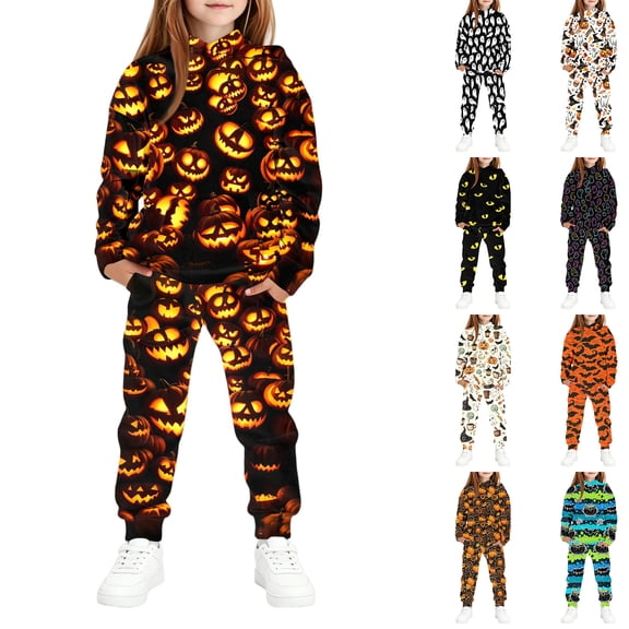 Big Kid Pumpkin Sweat Suit Thick Cozy Long Sleeve Sweatshirt School Dress Up Event Tapered Jogger Pants Set