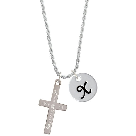 Delight Jewelry Stainless Steel Psalm 46:5 - She will not Fall Engraved Cross - Silvertone Script Initial Disc - X - Charm Necklace, 20" 3"