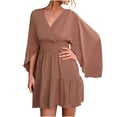 thumbnail image 1 of Vestido de mujer con cuello en V, volantes, manga larga, botón de color sólido, irregular, sin espalda, con cordones Pompotops  hdfakjf7872, 1 of 1