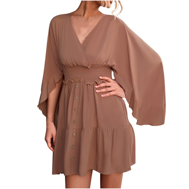 Vestido de mujer con cuello en V, volantes, manga larga, botón de color sólido, irregular, sin espalda, con cordones Pompotops hdfakjf7872