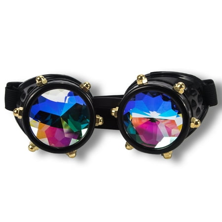 C.F.GOGGLE Retro New Colored Diamond Lens Steampunk goggles Psychedelic Laser Kaleidoscope Glasses Cosplay Rainbow Crystal Glass Lens