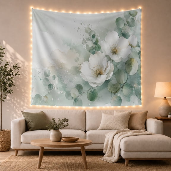 White Magnolia Watercolor Tapestry Wall Hanging