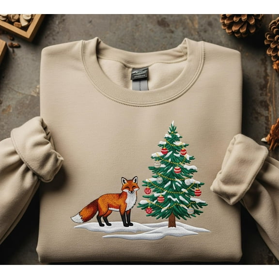 Embroidered Fox Christmas Sweatshirt Holiday Pullover Winter Woodland Animal Cozy Festive Sweater