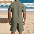 thumbnail image 4 of Linen Sets for Men Button Down Cuban Guayabera Shirt with Pocket Shorts Set 2 Piece Cotton Linen Outfits Big and Tall Size S-3XL Army Green, 4 of 6