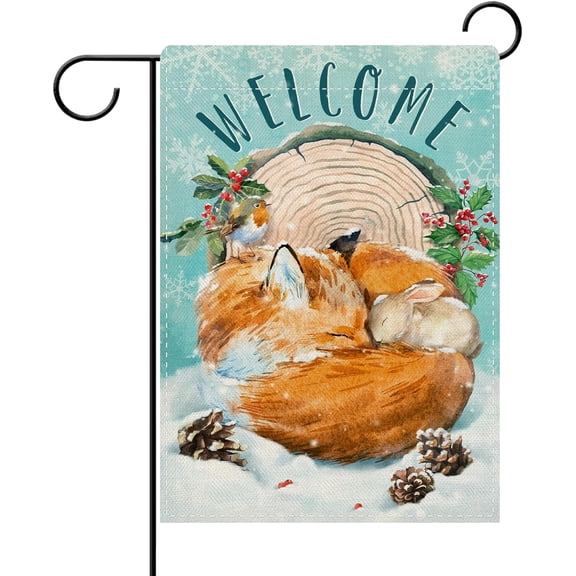 Woodland Winter Fox Garden Flag 12 x 18 Inch Double Sided Burlap Forest Animals Snowflake Christmas Outdoor Home Decor