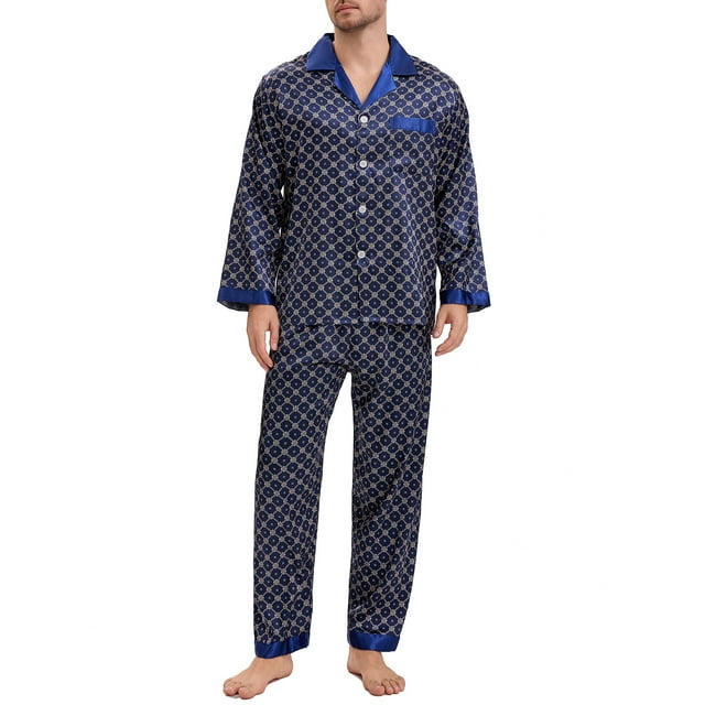 INSPIRAR CHIC Conjunto de Pijamas de 2 Piezas para Hombre, Camisón de Botones con Estampado, Patrón Casual, Talla L, Azul Oscuro