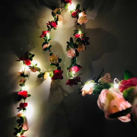 FEOLGEHLY Christmas String Lights, Artificial Rose Flower Garlands for Indoor Outdoor Decor, Fairy Light for Women Wedding Wall Windows Home Garden Party Spring Xmas Decorations, Battery Powered, Red